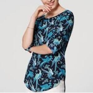 LOFT | Peacock Novelty Print Long Sleeve Pleat Back Blouse Size Small